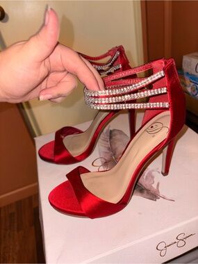 Heart in D Red Satin Rhinestone Strap Stiletto Sandals